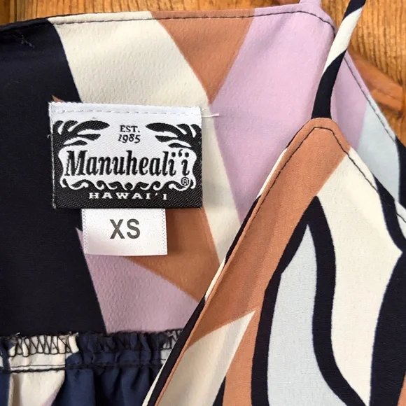 Manuhealii Navy, Lavender, Tan & White Abstract Leaf Print Dress - Picture 3 of 4